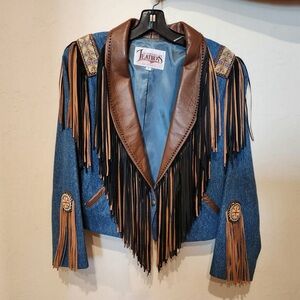 Diamond Leathers Native American Motif Women's denim & leather fringe Jacket